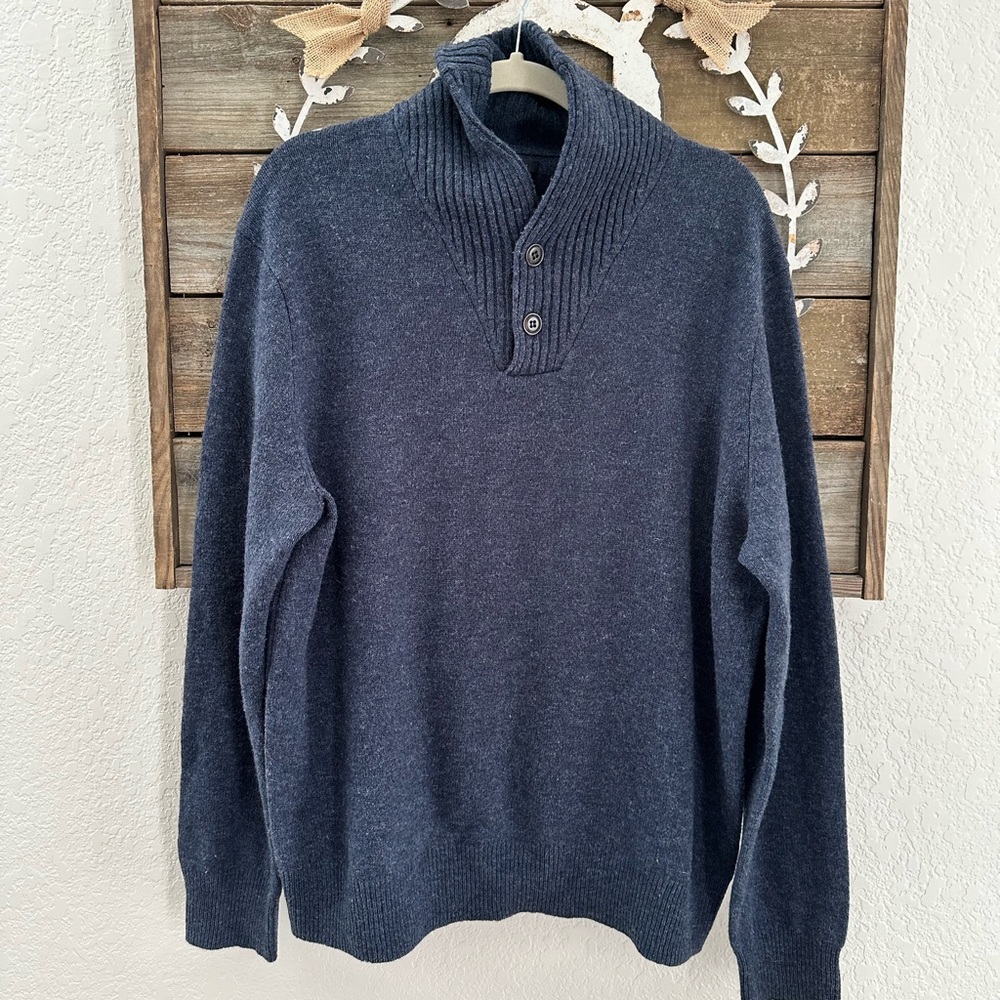 J. Crew blue 100% wool button detail shawl‎ collar pullover sweater men’s XL